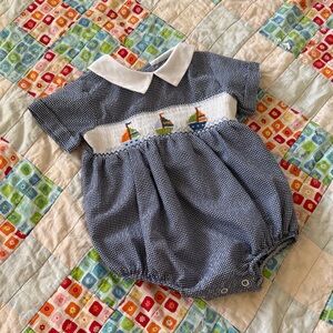 Classic Navy Gingham Baby Bubble with Sailboat Smocking